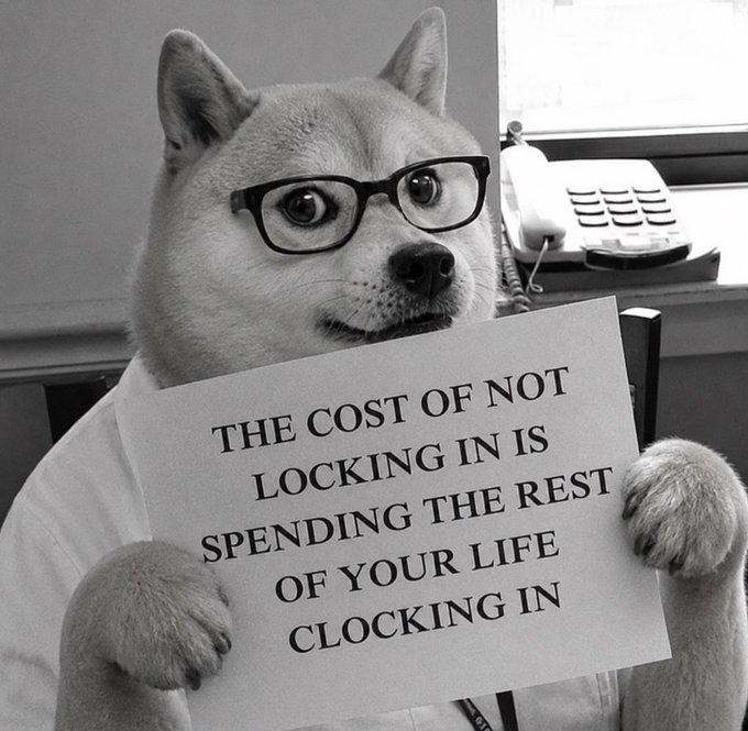 A black-and-white image shows a Shiba Inu dog wearing glasses and holding a sign that reads, "THE COST OF NOT LOCKING IN IS SPENDING THE REST OF YOUR LIFE CLOCKING IN," humorously reinforcing the post's message to stay focused and disciplined.