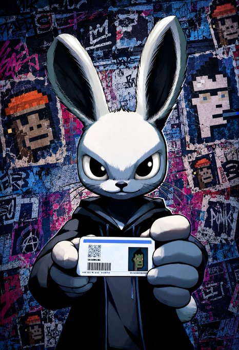 An illustrated white rabbit in a hoodie holds an ID card against a graffiti-covered wall featuring pixel art characters.