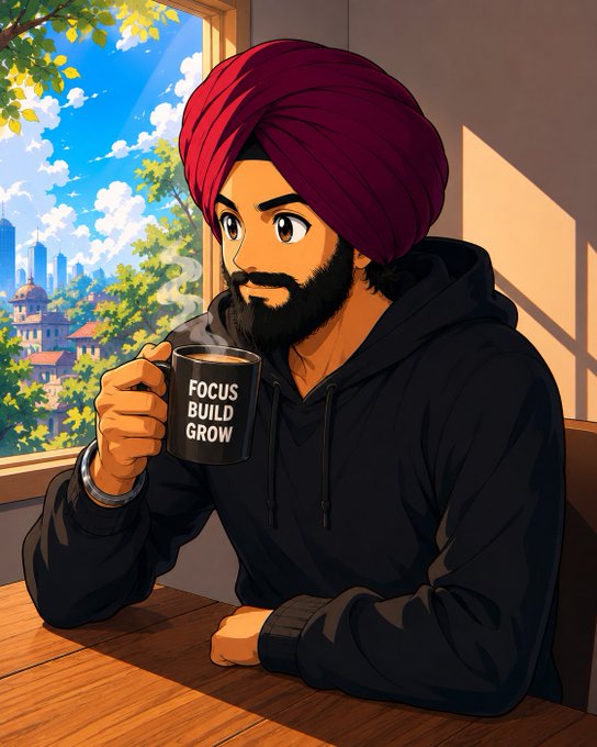 A digital anime-style illustration of a bearded man wearing a maroon turban and black hoodie, holding a black mug that reads 'FOCUS BUILD GROW' while sitting near a window overlooking a city.