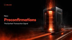 The image is a promotional graphic for Helius featuring the title "Preconfirmations: The Earliest Transaction Signal," with "HELIUS" branding visible in the top left corner. It depicts a stylized server or computer tower rendered in dark tones with glowing orange data streams and light trails flowing through and around it, visually representing the concept of capturing transaction signals at the earliest possible moment in Solana's block production process—as discussed in the post about preconfirmations occurring immediately after the leader finishes, even before shreds are processed.