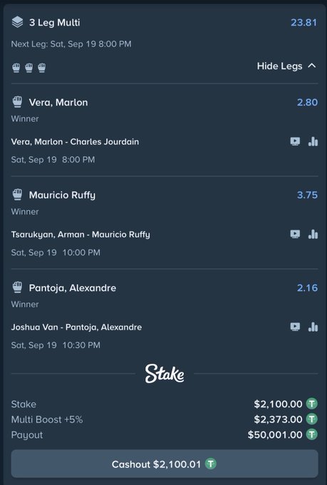 A Stake betting slip displays a 3-leg multi with potential $50,001 payout, featuring Marlon Vera, Mauricio Ruffy, and Alexandre Pantoja as winners, with all three fights scheduled for Sept 19. The post questions whether this impressive $50K payout is a sure thing, highlighting the uncertainty behind the locked-in odds (2.80, 3.75, and 2.16).