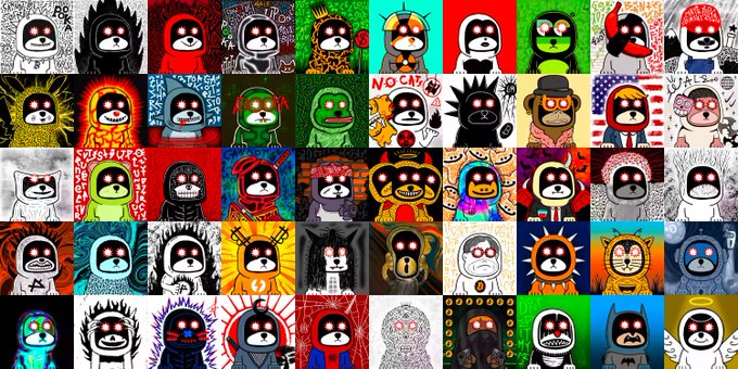 A grid of 60 colorful, stylized penguin-like NFT avatars ("Pookas") with various costumes, backgrounds, and designs, including one with visible text reading "NO CAT" and another labeled "Resister." The image relates to the post by showcasing the unique 1/1 Pooka PFP received from @shaktiyan_, highlighting the variety of these collectible profile pictures.