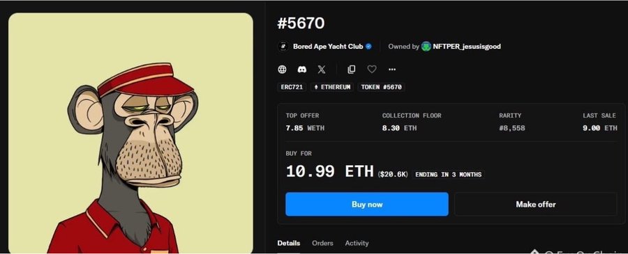 OpenSea listing for Bored Ape Yacht Club #5670, showing an ape in a red cap, priced at 10.99 ETH ($20.6K), with a top offer of 7.85 WETH and collection floor of 8.30 ETH.