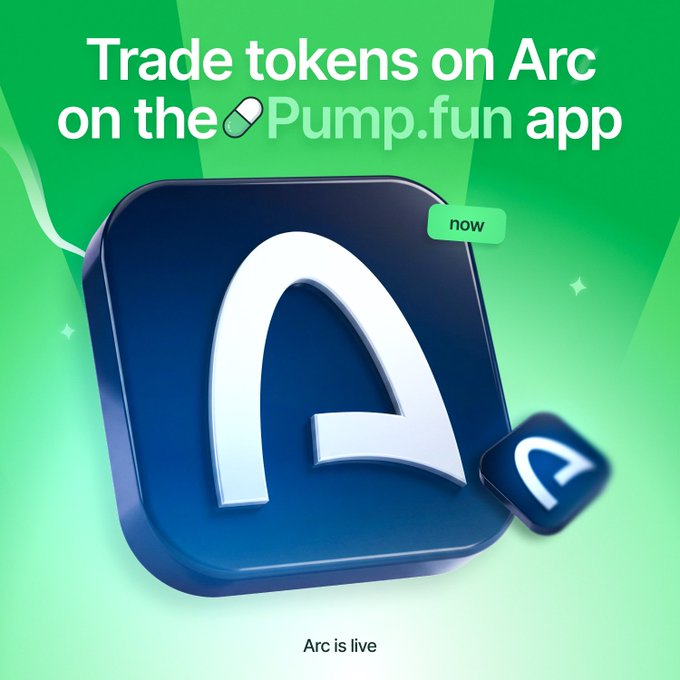 A promotional graphic featuring a vibrant green gradient background showcases a large, stylized 3D blue app icon with a white "A" logo, alongside a smaller version of the same icon. The bold white text at the top reads "Trade tokens on Arc on the 💊Pump.fun app," with a small "now" badge in the upper right and the phrase "Arc is live" at the bottom, visually reinforcing the announcement of Arc's integration on the Pump.fun app for trading tokens with USDC and earning rewards.