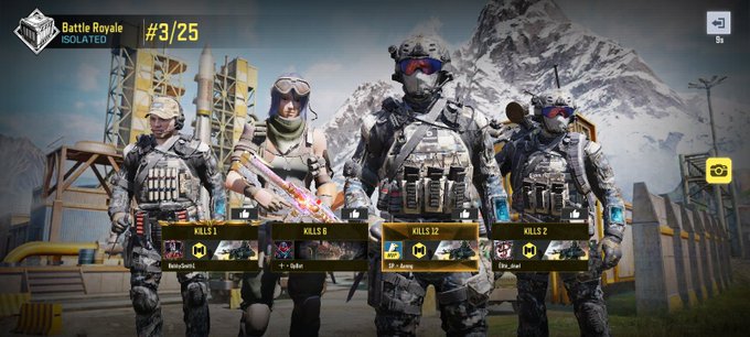 A battle royale game lobby shows four armed characters in military gear on a snowy mountain, with player stats displayed: Goku (KILLS 1), Syfax (KILLS 6), Anny (KILLS 12), and One_Shot (KILLS 2).