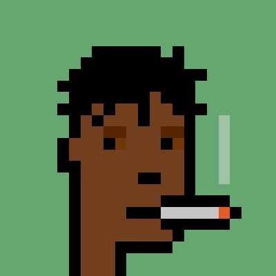 A pixel art illustration of a person with dark skin and short black hair smoking a cigarette against a green background.
