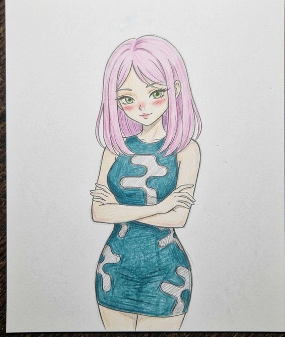 The image features a cartoon girl with pink hair wearing a blue dress that has white spots across her chest. She stands confidently with crossed arms, giving off an air of self-assuredness. The background appears to be a plain white wall, which contrasts nicely with the colorful and detailed drawing of the girl. The post seems to discuss the importance of focusing on real world connectivity and privacy from the beginning when developing tech solutions, as seen in Rialo's approach.