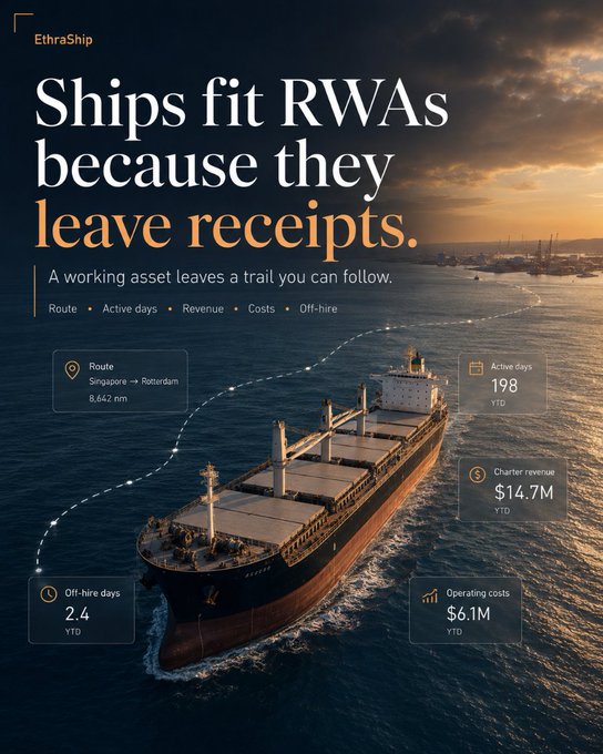 A marketing graphic for 'EthraShip' featuring a cargo ship on water at sunset with the headline 'Ships fit RWAs because they leave receipts', showing route information 'Singapore → Rotterdam 8,642 nm' and metrics like active days (198), charter revenue ($14.7M), operating costs ($6.1M), and off-hire days (2.4).