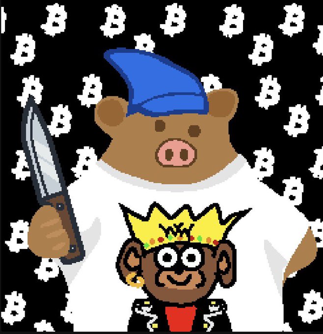 A cartoon illustration of a bear wearing a blue cap and a t-shirt with a crowned character, holding a large knife, set against a black background patterned with stylized 'B' symbols.