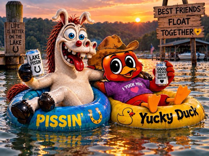 A cartoon horse and duck float together on a lake at sunset, wearing shirts reading "PISSIN'" and "I YUCK YOU," with signs nearby stating "LIFE IS BETTER ON THE LAKE" and "BEST FRIENDS FLOAT TOGETHER," each holding cans that reference "LAKE PISSIN" and "GOOD FRIENDS DIRTY WATERS." The image matches the post's playful welcoming of "@lilPissin" to "the Waddle," capturing the same carefree, friendship-focused Saturday morning vibe with a humorous, carefree tone.