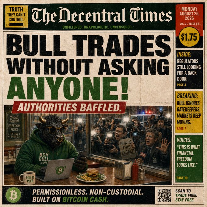 A newspaper-style advertisement for 'The Decentral Times' features the headline 'BULL TRADES WITHOUT ASKING ANYONE!' with a subheading 'AUTHORITIES BAFFLED.' It shows a bull wearing a Bitcoin Cash hoodie at a diner, surrounded by photographers, with additional text highlighting 'PERMISSIONLESS. NON-CUSTODIAL. BUILT ON BITCOIN CASH.'