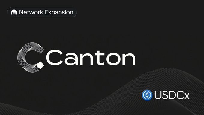 The image features a black background with white text that reads "Canton Network Expansion" at the top of the screen. Below this, there's a blue logo for the USDCX cryptocurrency exchange. The text also mentions that the network expansion is coming soon.