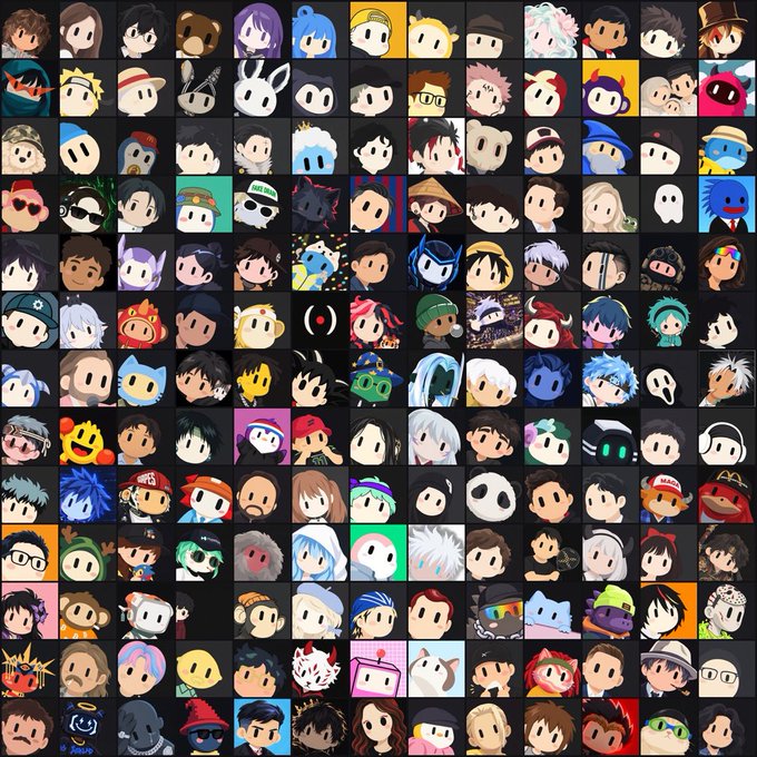A grid of many small cartoon-style character avatars featuring diverse hairstyles, hats, and colorful designs.