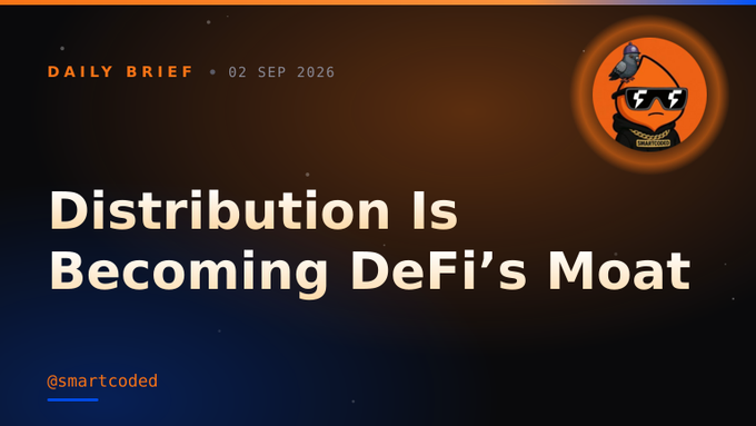 A "Daily Brief" dated 02 Sep 2026 with a stylized raven mascot logo, featuring the headline "Distribution Is Becoming DeFi's Moat" and the handle "@smartcoded" in the corner. The banner visually previews the post's thesis, framing Robinhood Chain's $1.6B trading volume and ~$800M deposits as evidence that distribution power—not just technology—is becoming DeFi's key competitive advantage.