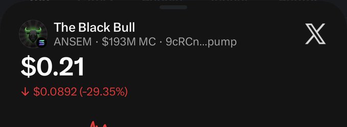 A crypto token listing for 'The Black Bull' (ANSEM) showing a price of $0.21, down $0.0892 (-29.35%), with a $193M market cap.