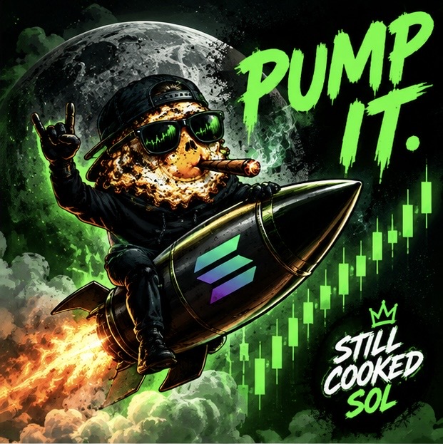A digital illustration features a figure with a chip-like head riding a rocket past the moon, with green text reading 'PUMP IT.' and 'STILL COOKED SOL' alongside candlestick charts.