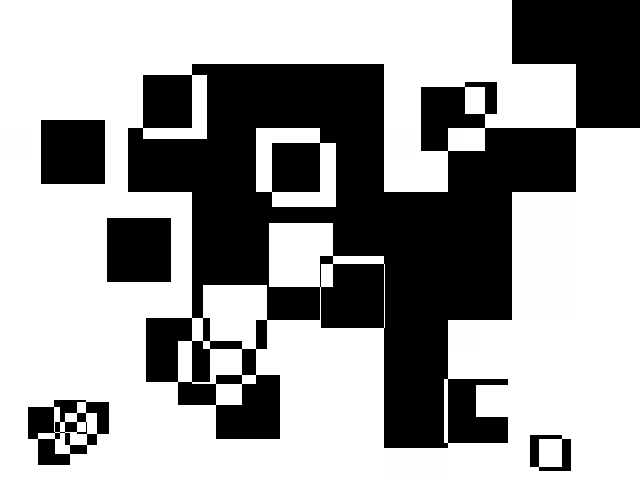A high-contrast black and white pixelated image resembling a distorted or glitched QR code.