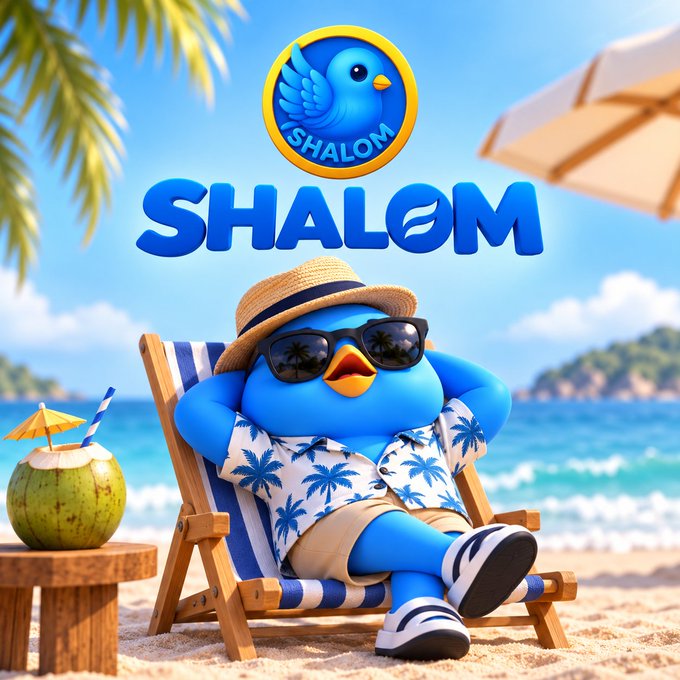 A digital illustration of a cute blue bird mascot wearing a straw hat, sunglasses, and a Hawaiian shirt, sitting on a beach chair with a coconut drink; a larger bird logo and the word 'SHALOM' appear at the top.