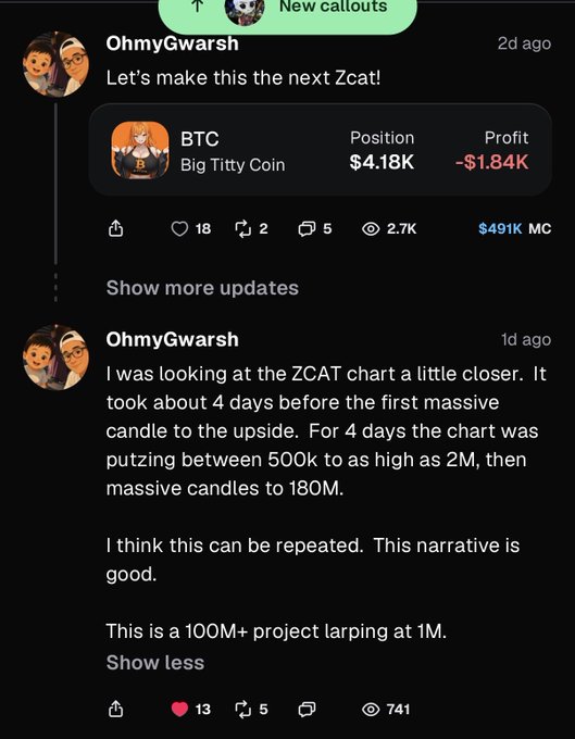 A social media post by user "OhmyGwarsh" suggests making "Big Titty Coin" ($BTC) the next "Zcat," highlighting a market cap of $491K and a position of $4.18K with a -$1.84K profit, while comparing its potential to ZCAT's past surge from 1M to 180M. This aligns with the caption "these guys are bullish" as the post expresses strong optimism for a similar price explosion.
