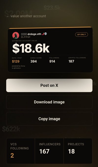 A mobile app screen showing a 'value another account' tool for the X (Twitter) user '@_drdoge' (@_drdoge), displaying an estimated account value of '$18.6k', 187 crypto followers, and options to 'Post on X', 'Download image', or 'Copy image'.
