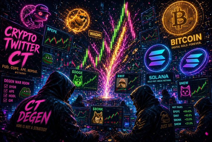 Vibrant neon cyberpunk-style illustration of hooded traders looking at multiple screens showing cryptocurrency tickers like Bitcoin, Solana, Doge, WAGMI, $BONK, and $MEW, with 'CRYPTO TWITTER CT' and 'HOT PAIRS' labeled.