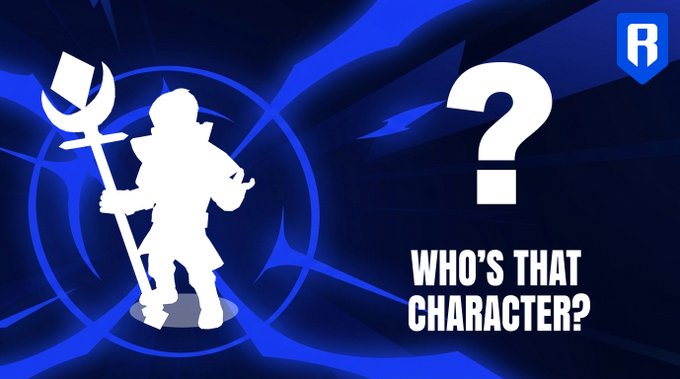 A blue "Who's That Character?" graphic featuring a white silhouette of a character holding a large trident-like staff against a basketball-themed background, with a large question mark and the text "WHO'S THAT CHARACTER?" prompting viewers to guess the mystery basketball video game character.