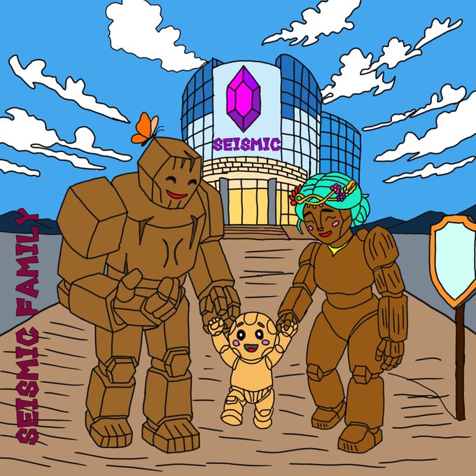A cartoon illustration of the 'Seismic Family' featuring two large wooden golem figures and a small child-like character holding hands in front of a building labeled 'SEISMIC', with 'SEISMIC FAMILY' written vertically on the left.
