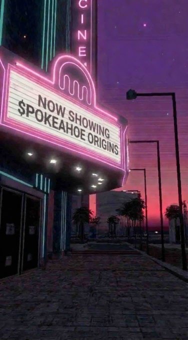 A neon-lit cinema marquee displays 'NOW SHOWING SPOKEAHOE ORIGINS' against a purple and pink sunset sky with palm trees.