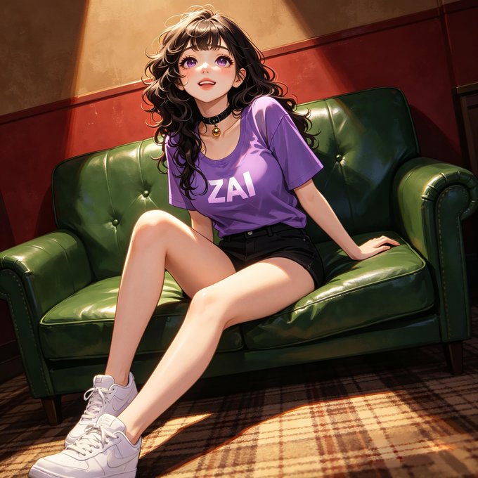 A cheerful anime-style girl with curly dark hair sits on a green leather couch wearing a purple shirt with "ZAI" printed on it, paired with black shorts and white sneakers, bathed in warm sunlight. The "ZAI" text on her shirt playfully ties into the "Who's trending today?" greeting, suggesting a stock or crypto ticker taking the spotlight.