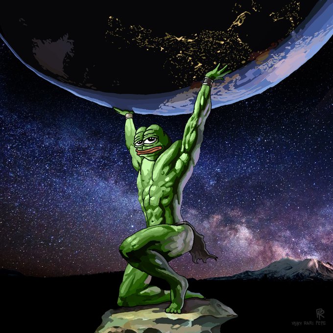 A muscular Pepe the Frog, styled after Atlas, holds up Earth against a cosmic Milky Way backdrop, symbolizing the immense responsibility of "hodling" and bearing the weight of the world. The image is signed "Very Rare Pepe" in the bottom right corner.