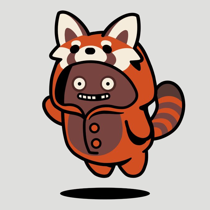 A cartoon illustration of a red panda character wearing a brown coat with buttons, with a surprised expression, set against a gray background.