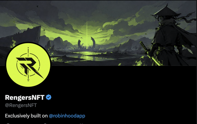 A Twitter/X profile for RengersNFT (@RengersNFT) featuring anime-style artwork with green skies and a samurai figure, noting it is 'Exclusively built on @robinhoodapp'.