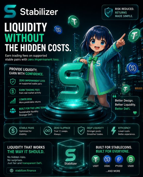 A promotional graphic for 'Stabilizer' DeFi featuring an anime-style girl and the text 'LIQUIDITY WITHOUT THE HIDDEN COSTS,' highlighting features like 'ZERO IMPERMANENT LOSS' and supporting stablecoins like USDT, USDC, PYUSD, and USDD.