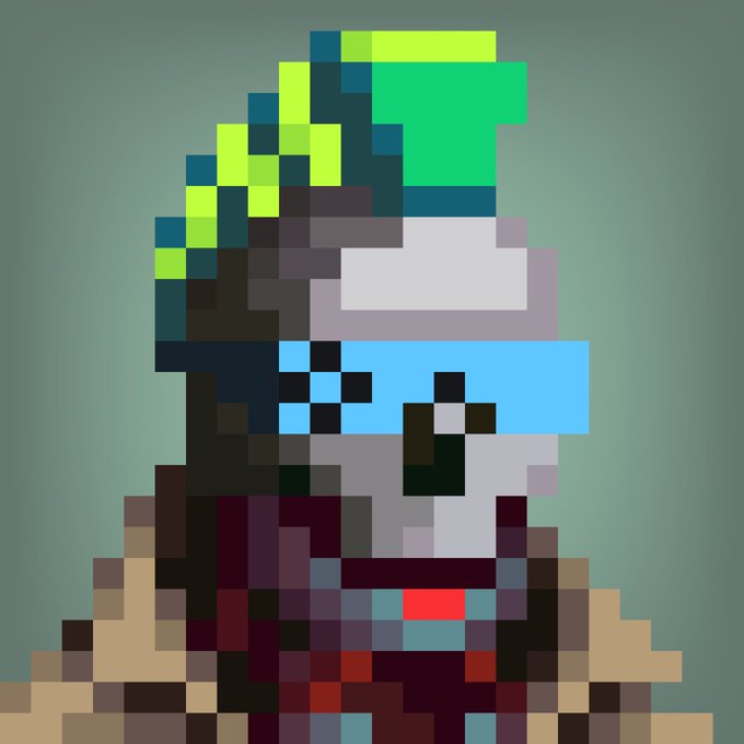 A pixel art portrait of a character wearing blue goggles with white reflective lenses, a green headpiece, and a brown and red outfit.