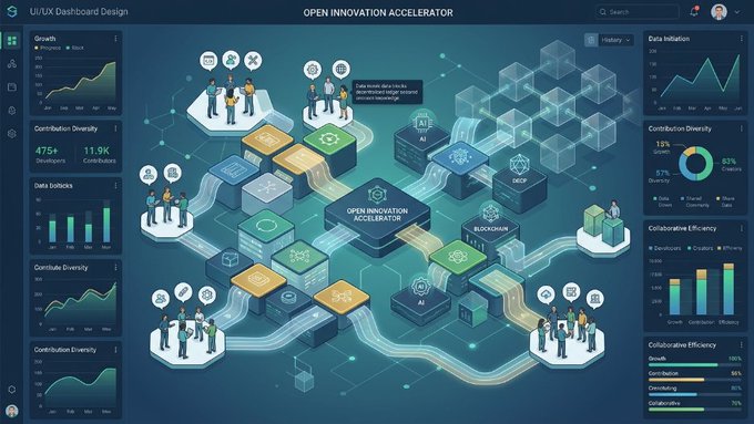 UI/UX dashboard design mockup labeled 'OPEN INNOVATION ACCELERATOR' featuring data charts, contributor metrics, and an isometric blockchain-themed illustration.