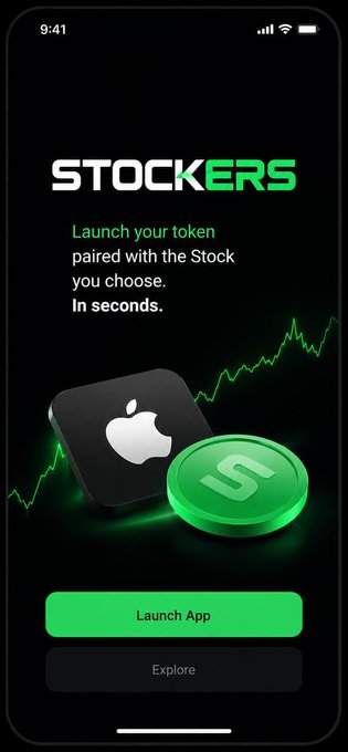 A sleek dark-themed mobile app splash screen for "STOCKERS" displays the tagline "Launch your token paired with the Stock you choose. In seconds," featuring an Apple logo icon alongside a green token with an "S" emblem, with "Launch App" and "Explore" buttons below—visually reinforcing the post's claim of being the first stock launchpad on Solana where tokens are paired with stocks.