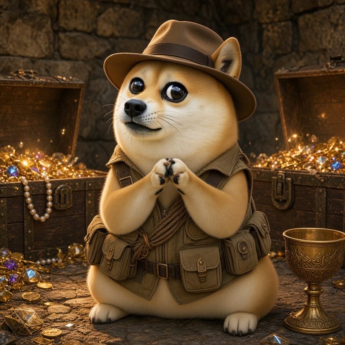 A digital illustration depicts a cute Shiba Inu dog dressed as an adventurer in a fedora and explorer vest, sitting among treasure chests overflowing with gold and gems, next to an ornate chalice.
