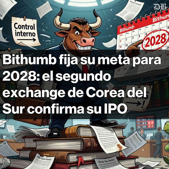 The image is a cartoon-style illustration featuring an anthropomorphic bull in a suit smiling confidently while holding a calendar marked with "2028" and a briefcase, standing atop stacks of books and scattered papers labeled "Control interno." The headline overlay reads "Bithumb fija su meta para 2028: el segundo exchange de Corea del Sur confirma su IPO," tying the bullish imagery to the news of South Korea's second-largest crypto exchange targeting a 2028 IPO as it works to demonstrate transparency following internal control issues.
