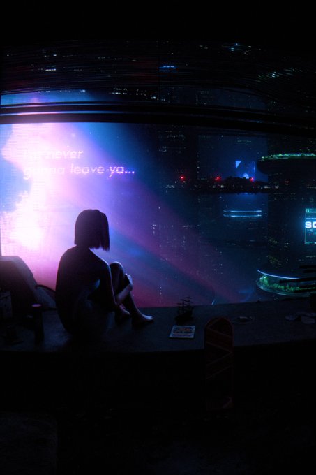 A lone silhouetted figure sits on a ledge gazing out at a neon-soaked futuristic cityscape, while glowing text reads "and never gonna leave ya..." — evoking a lonely, contemplative mood that complements the melancholic NFT artwork "3x Time Is A Thief" by @lazaro45ive, minted by @LFGweb3.