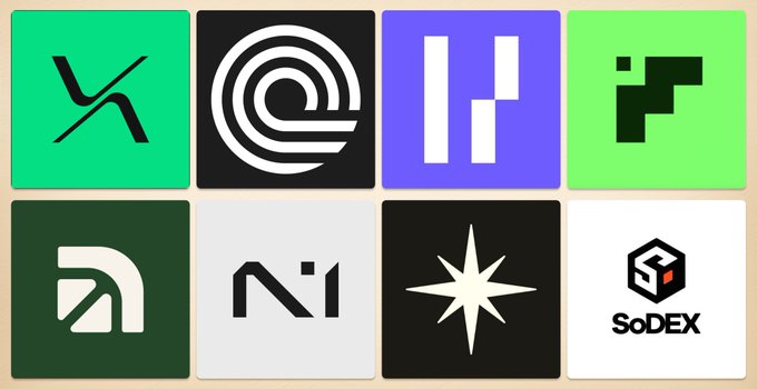 A grid of eight cryptocurrency exchange and project logos on colorful backgrounds.