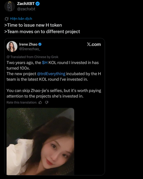 The image features a Twitter account with a post about a project called "Team Moves On" that has been completed, and the account's name is ZachXBT. The post includes text from two people, one of whom is an account named @IreneZao. The post also mentions that the project was completed in 100% of its original budget.
