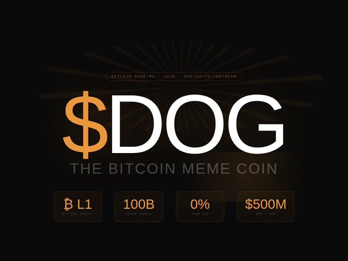 A dark promotional graphic for "$DOG" branding it as "THE BITCOIN MEME COIN," featuring text "BITCOIN RUNE #3 • 2024 • DOG•GO•TO•THE•MOON" and stats including "100B FIXED SUPPLY," "0% TEAM CUT," and a "$500M DAY 1 CAP." The bold orange and white logo against a black background visually reinforces the post's claim of $DOG being a Bitcoin-native meme coin.
