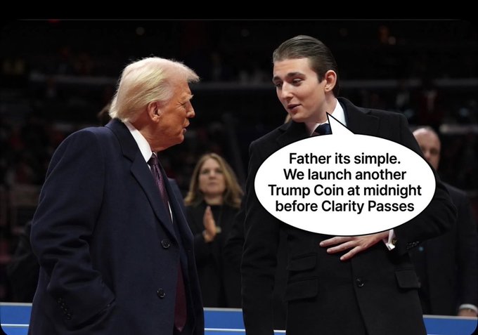 A photo of Donald Trump and what appears to be one of his sons overlaid with a speech bubble reading, 'Father its simple. We launch another Trump Coin at midnight before Clarity Passes'.
