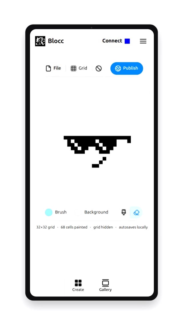 The image shows a smartphone screen displaying an app called "Bloc". The app has a black and white interface, featuring a small character or face design that appears to be sunglasses. There are several buttons around the character, possibly for various functions of the app. The text on the screen reads "How to make your first on-chain pixel art and publish on Base with Blocc", which suggests that users can create their own pixel art using the app's tools and then share it with others through a blockchain network called "Bloc".