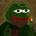 A small low-resolution illustration of a green knitted/crocheted character resembling Yoshi with a red mouth and wide eyes, holding what appears to be a candle.