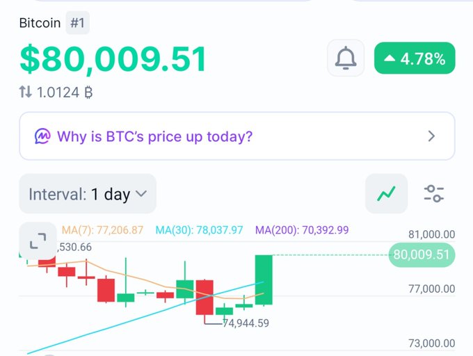 A cryptocurrency price tracking interface shows Bitcoin (BTC) at $80,009.51, up 4.78%, with a daily candlestick chart displaying MA(7): 77,206.87, MA(30): 78,037.97, and MA(200): 70,392.99, plus an AI prompt asking 'Why is BTC's price up today?'