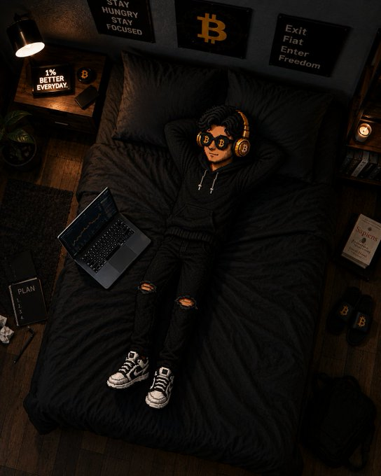 An overhead view of a person lying on a black bed wearing Bitcoin sunglasses, with a laptop, Bitcoin-themed signs ('STAY HUNGRY STAY FOCUSED', 'Exit Fiat Enter Freedom'), and Bitcoin slippers.