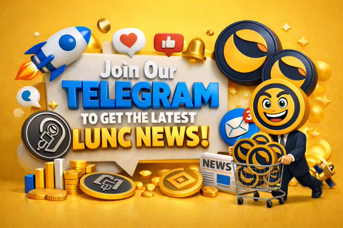 A vibrant 3D promotional graphic invites viewers to "Join Our TELEGRAM to get the latest LUNC NEWS!" featuring a rocket, golden Luna coins, a shopping cart, and a smiling coin mascot—all set against a bright yellow background to hype up $LUNC (Terra Luna Classic) updates.