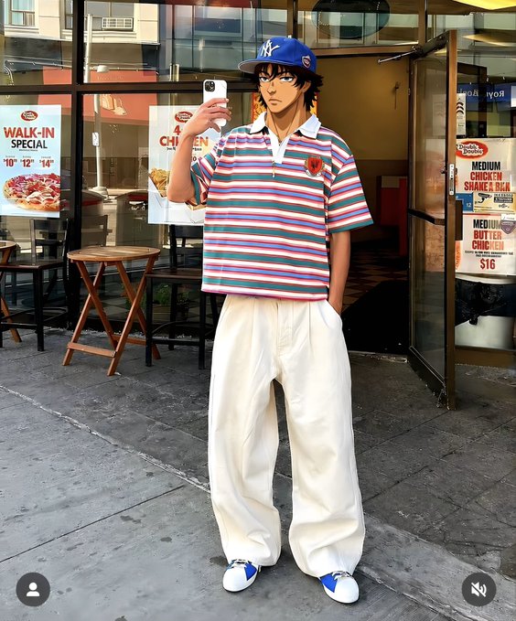 A mirror selfie of a young man wearing a striped polo shirt, cream baggy pants, blue and white sneakers, and a blue NY baseball cap, standing in front of a Popeyes restaurant advertising chicken sandwiches.