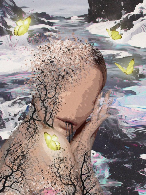 A surreal digital artwork depicting a serene, bald figure whose body is covered in branching black roots and speckled particles, set against a chaotic background of swirling colors with glowing yellow butterflies.